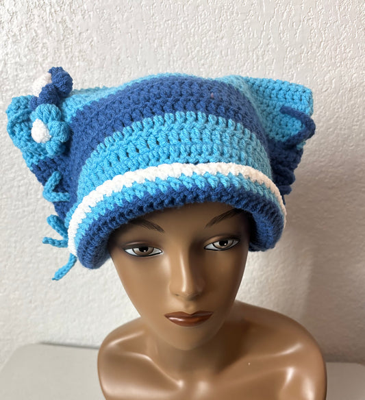 Blue Whiskers Crochet Cat Beanie